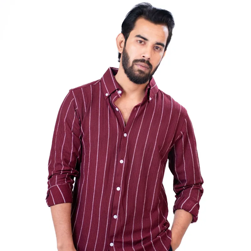 Maroon White Textured Stripe Shirt for Men – Premium Jafran Fabric